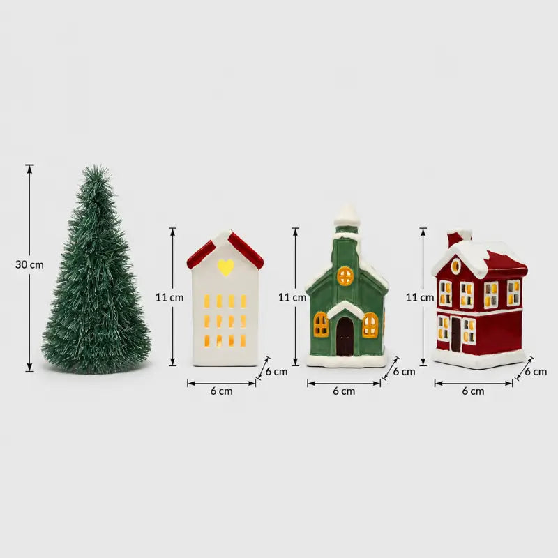 Decoração de Natal Vila de Cerâmica com 3 Casas com Led - Casas Gael