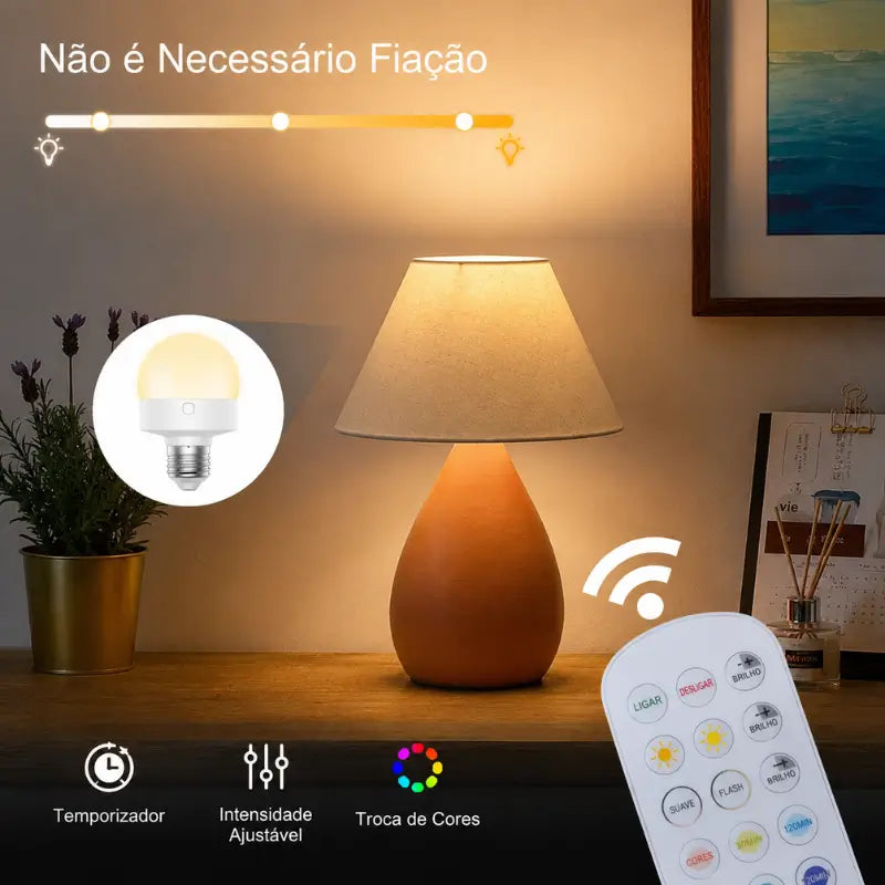 Lâmpada LED Recarregável Sem Fio E27 15 Cores Controle Remoto - Casas Gael