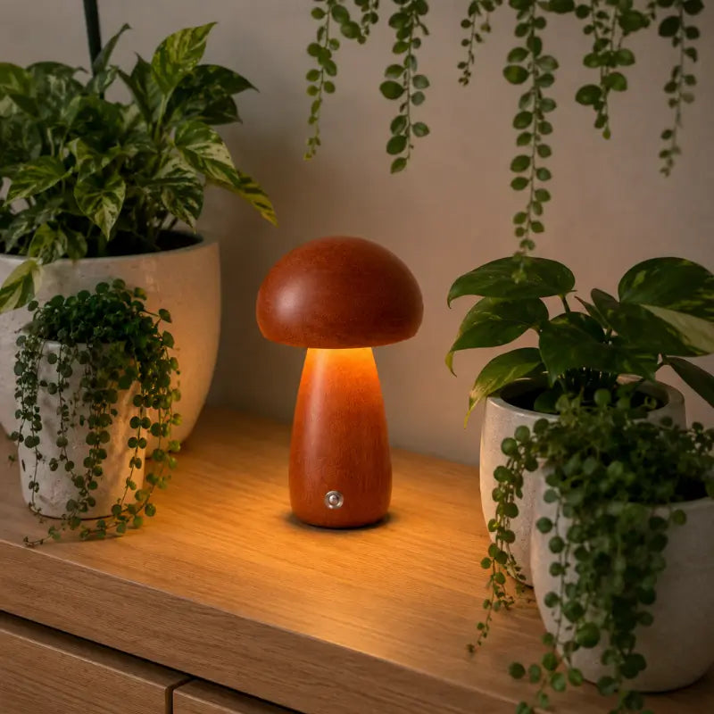 Luminária Decorativa para Mesa Cogumelo Madeira 3 Tons de Luz - Casas Gael
