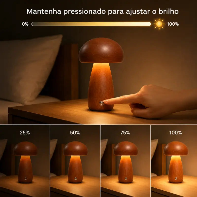 Luminária Decorativa para Mesa Cogumelo Madeira 3 Tons de Luz - Casas Gael