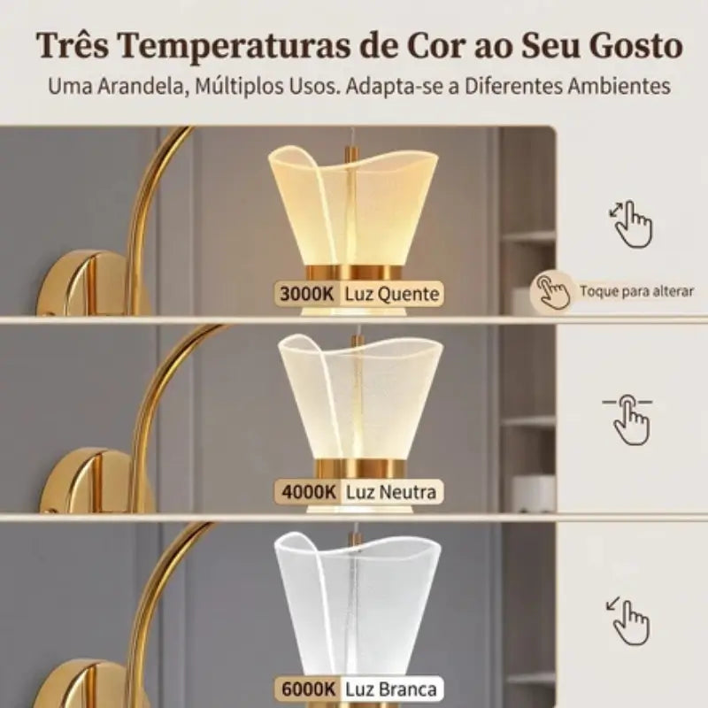 Arandela de Parede Dourada 3 Cores de Luz Bivolt - Casas Gael