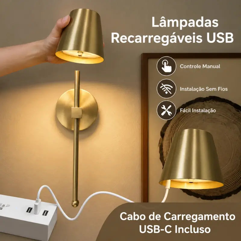 Arandela de Parede LED Retrô Recarregável Sem Fio - Casas Gael