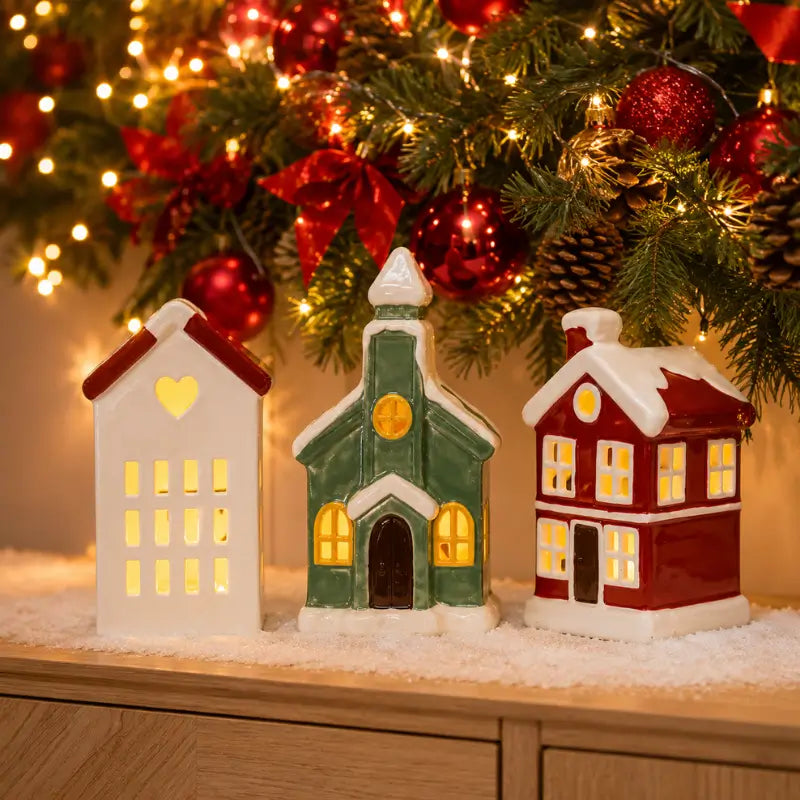 Decoração de Natal Vila de Cerâmica com 3 Casas com Led - Casas Gael