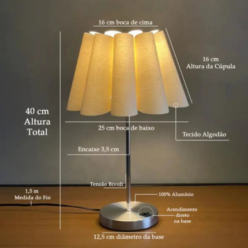 Luminária de Mesa com Cúpula Pétala Tecido e Interruptor - Casas Gael